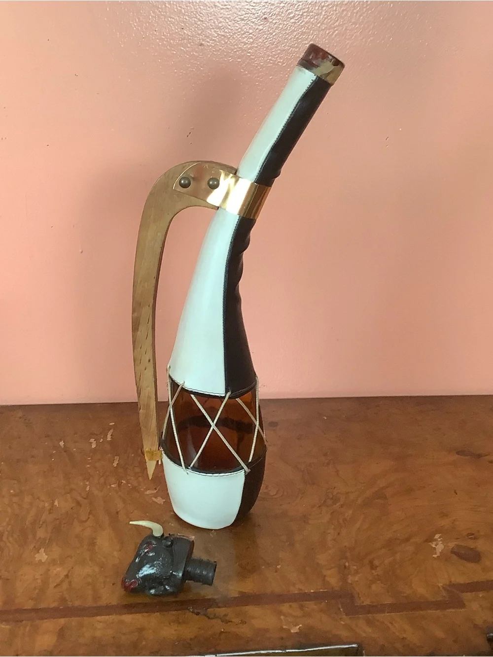 Red Black Leather-Wrapped Glass Decanter, Bull Head Stopper & Wood Handle 18”